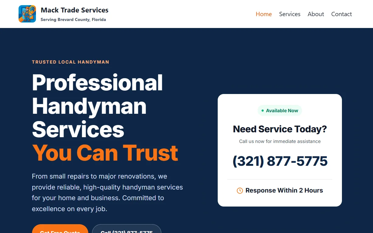 Home page of macktradeservices.com: a navy hero reading Professional Handyman Services You Can Trust, with an Available Now call card, a Get Free Quote button, and a call button.
